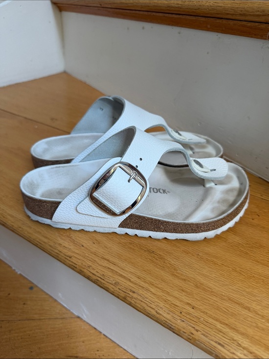 Birkenstock Shoes - Birkenstock White Big Buckle Gizeh Sandals with Silver Buckle